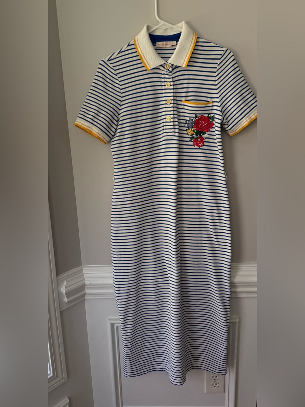 Tory Burch White and Navy Striped Polo Dress with Red Floral Patch Size M